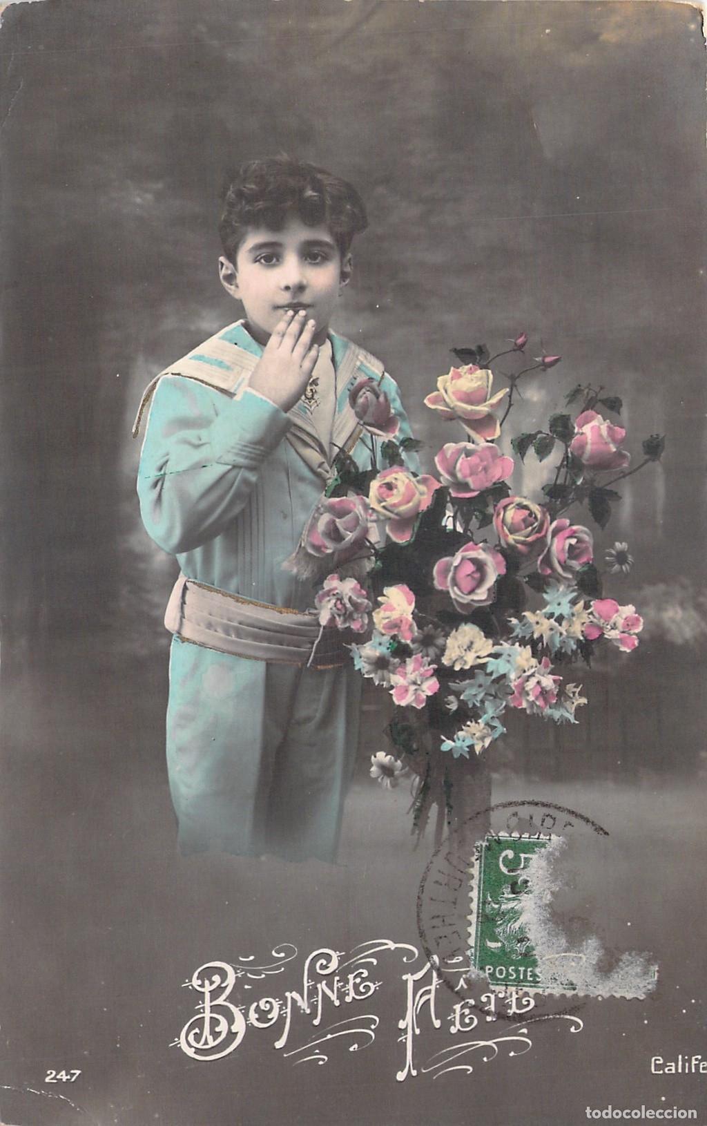 Postkarten: Postal Bonne F&ecirc;te de Ni&ntilde;o con Traje de Marinero y Rosas