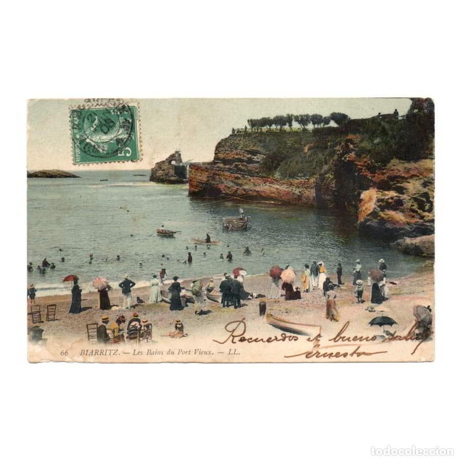 Postales: Francia 1908 [TPO] Postal antigua de Biarritz. Ba&ntilde;os del Puerto Viejo (C)