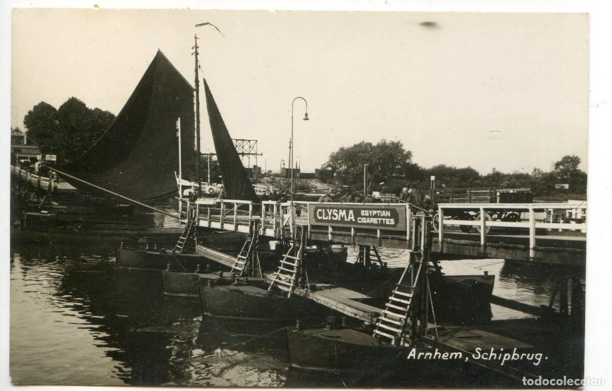 Postales: Arnhem. Schipbrug, circulada en 1937. Clysma Egyptian cigarettes, Pa&iacute;ses Bajos, Holanda