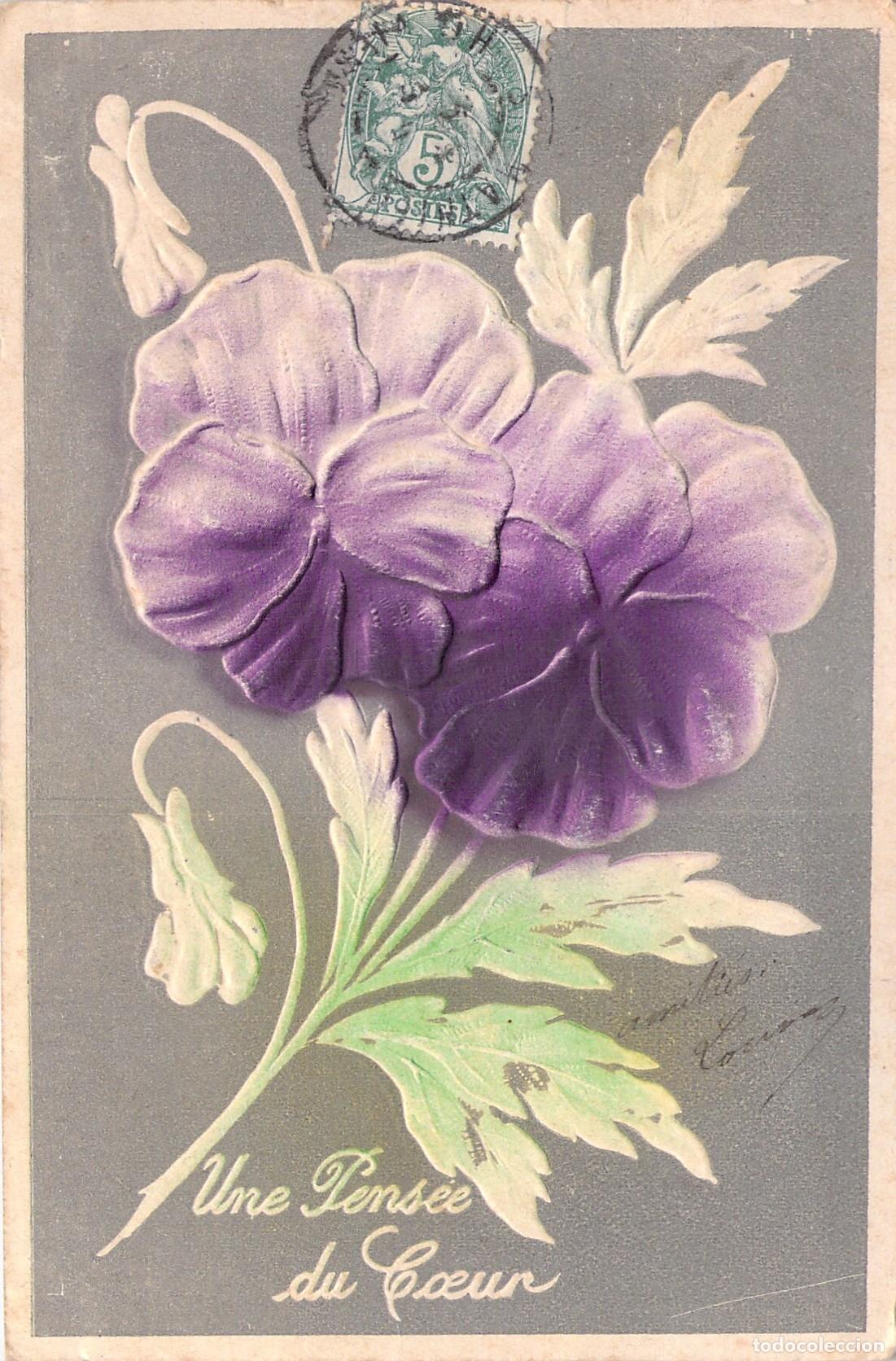 Postales: Postal Ilustrada de Pensamientos Flores con Relieve y Sello