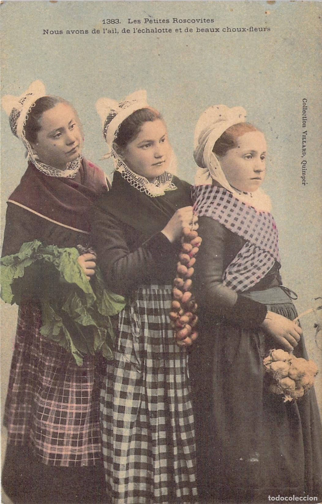 Postales: Postal de Tres Ni&ntilde;as de Roscoff con Trajes Tradicionales de Breta&ntilde;a