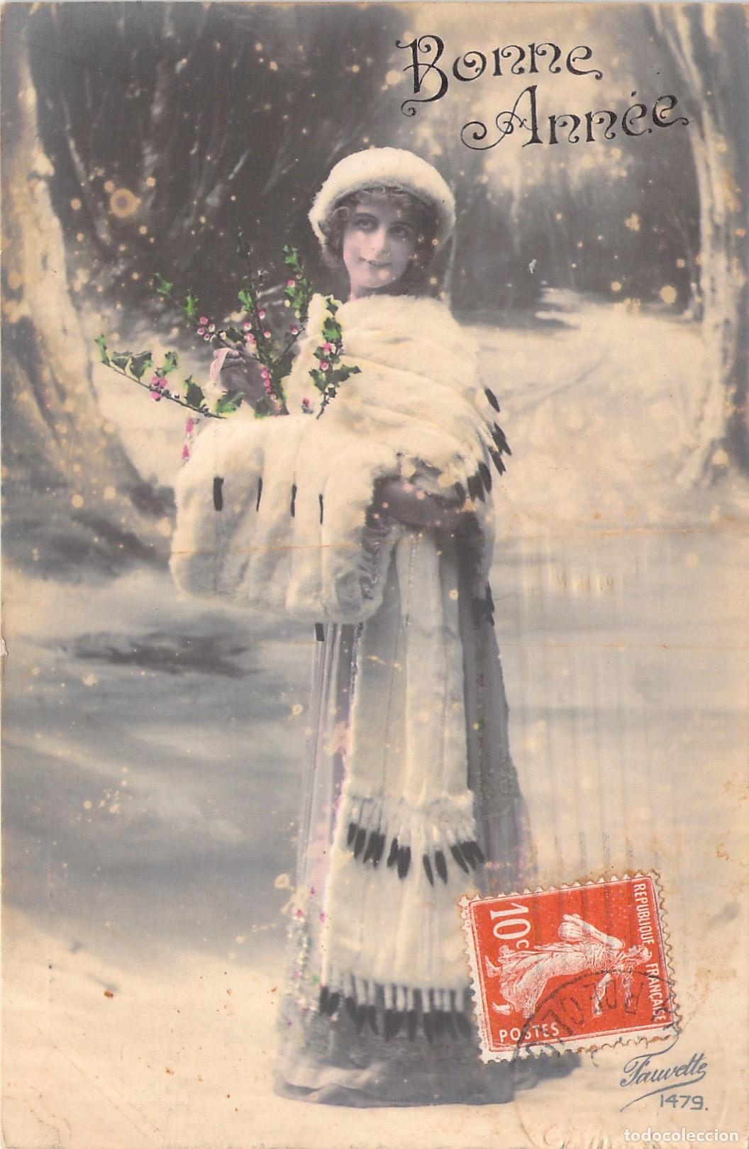 Postales: Postal de A&ntilde;o Nuevo Bonne Ann&eacute;e con Retrato de Mujer en Invierno