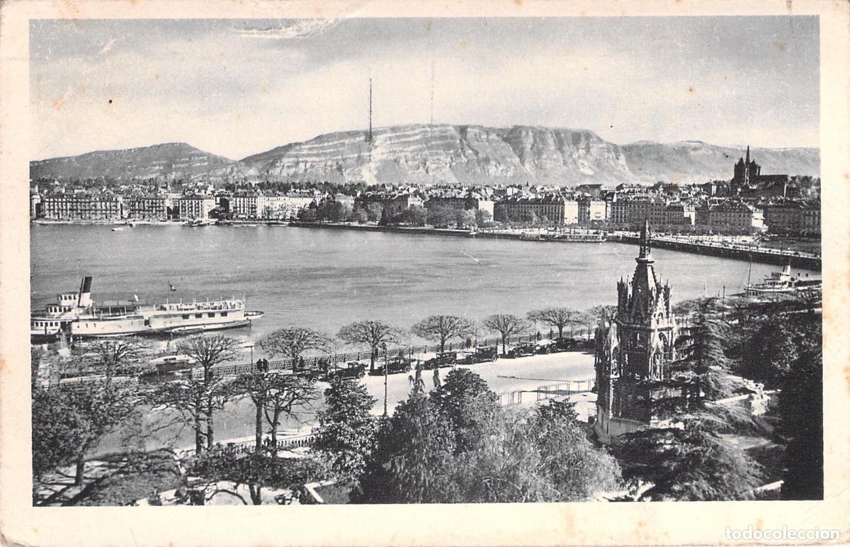 Postales: Postal de Ginebra Vista de los Muelles y el Monte Sal&egrave;ve Suiza