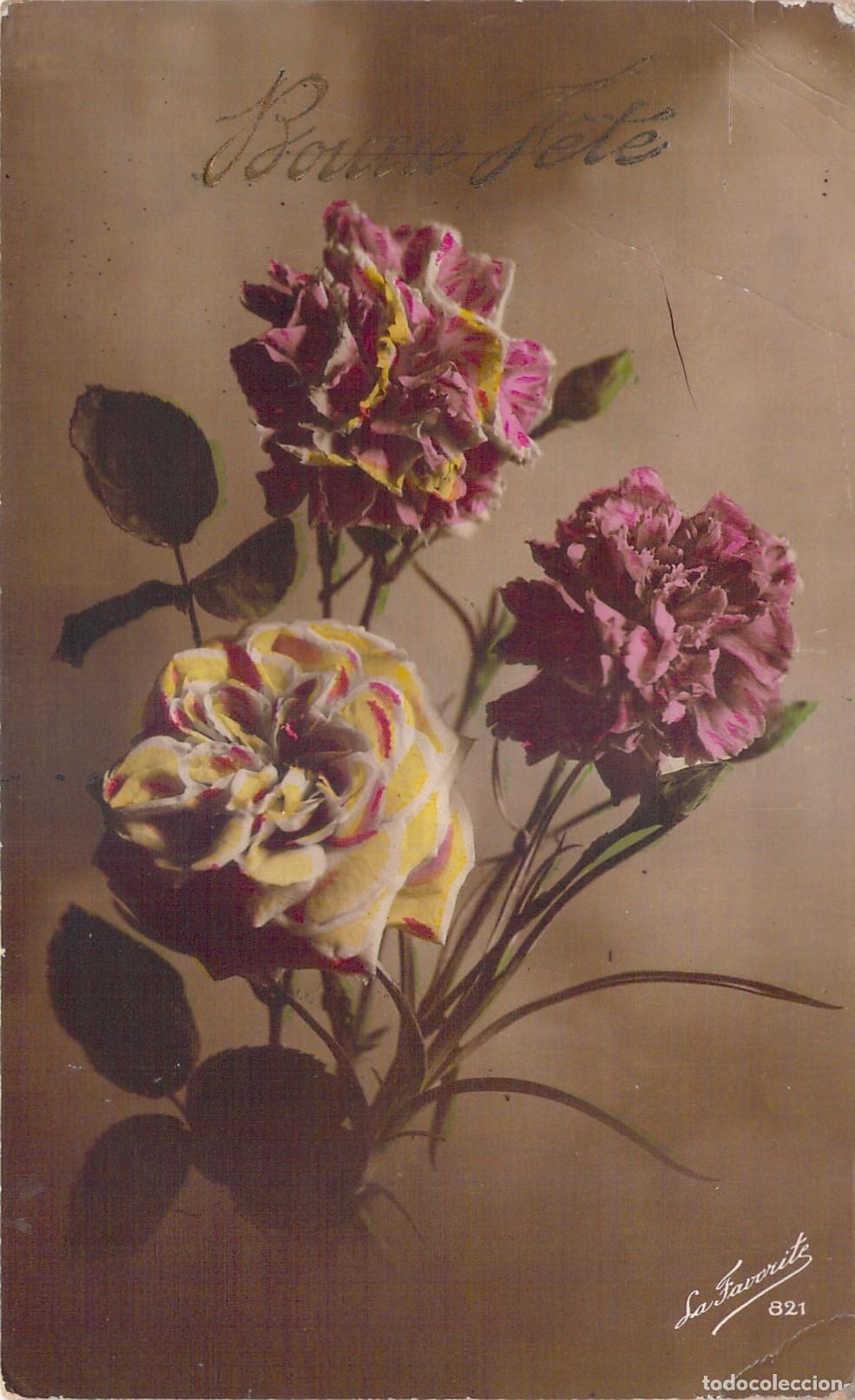 Postales: Postal Francesa de Felicitaci&oacute;n Bonne F&ecirc;te con Flores