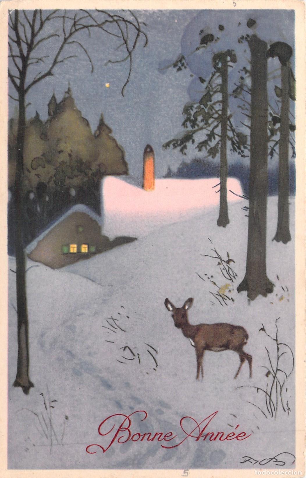 Postales: Postal de A&ntilde;o Nuevo Bonne Ann&eacute;e con Ilustraci&oacute;n de Ciervo