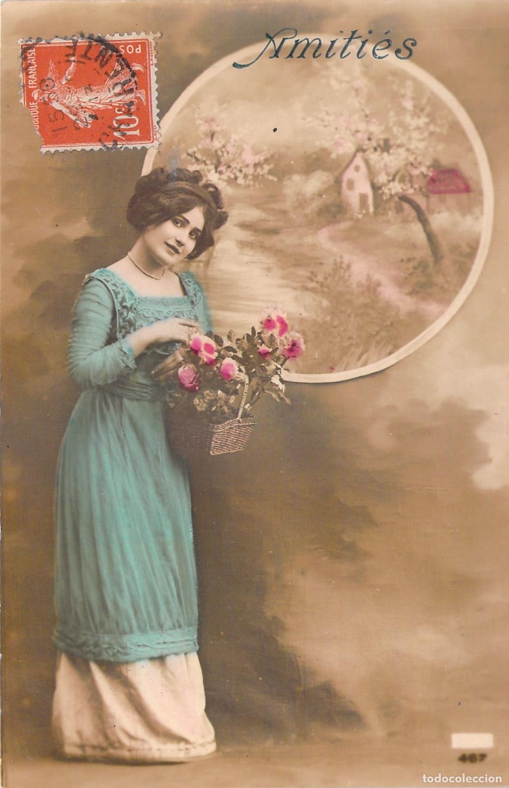Postcards: Postal Francesa de &Eacute;poca Retrato de Mujer con Flores Amiti&eacute;s