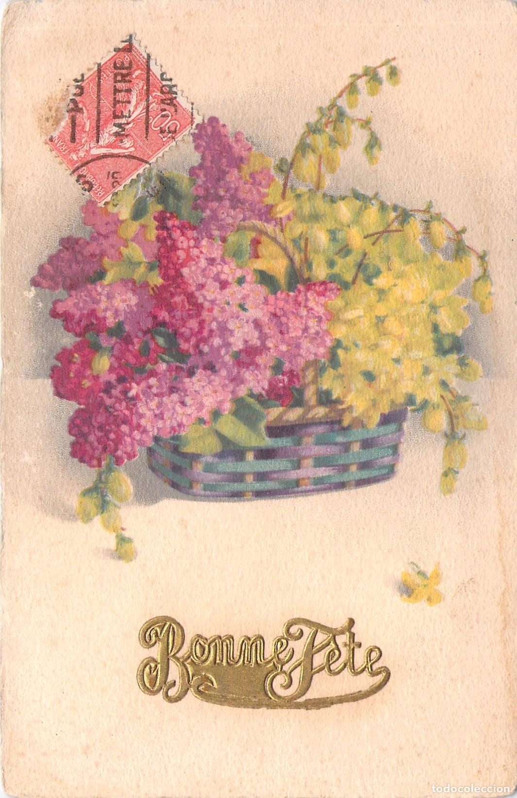 Postales: Postal Francesa de Felicitaci&oacute;n Bonne F&ecirc;te con Cesta de Lilas