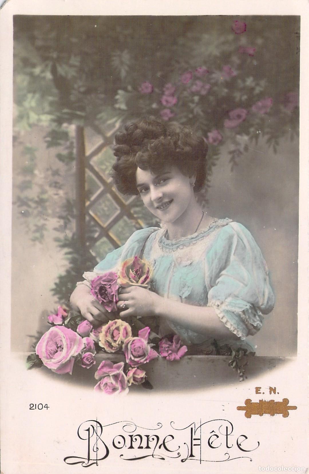 Postales: Postal Francesa de Felicitaci&oacute;n Bonne F&ecirc;te con Retrato de Mujer