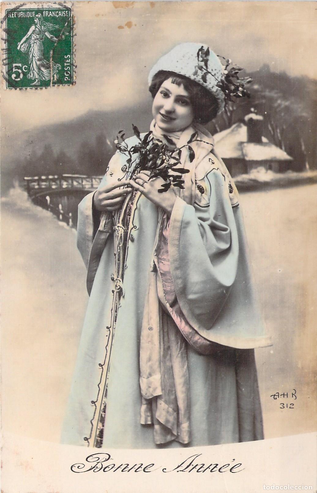 Postales: Postal Francesa de A&ntilde;o Nuevo Bonne Ann&eacute;e con Retrato de Mujer