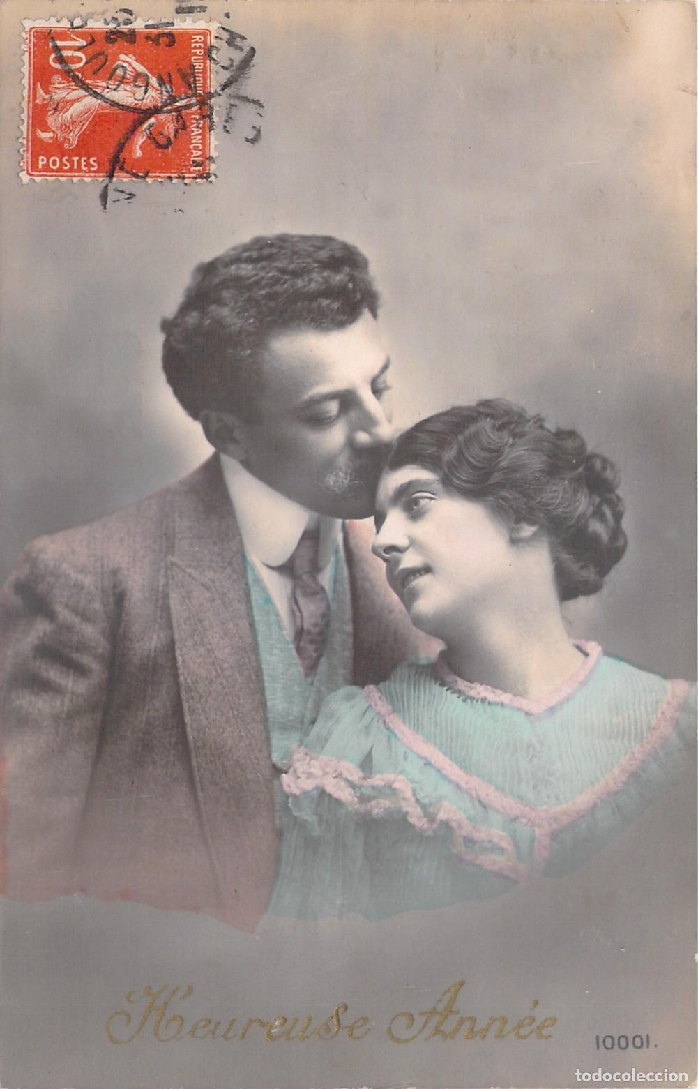 Postales: Postal Francesa de Feliz A&ntilde;o Nuevo con Pareja Rom&aacute;ntica