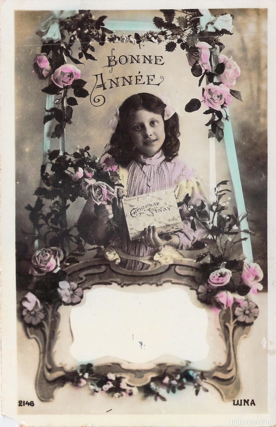 Postales: Postal de A&ntilde;o Nuevo Bonne Ann&eacute;e con Ni&ntilde;a y Chocolates Vinay