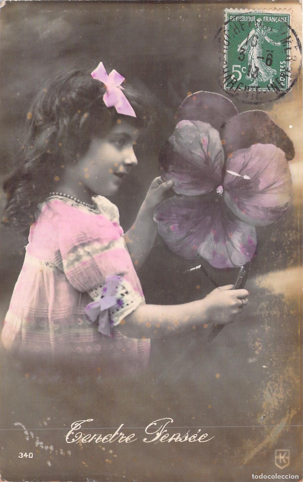 Postales: Postal Francesa de Ni&ntilde;a con Flor de Pensamiento Tendre Pens&eacute;e