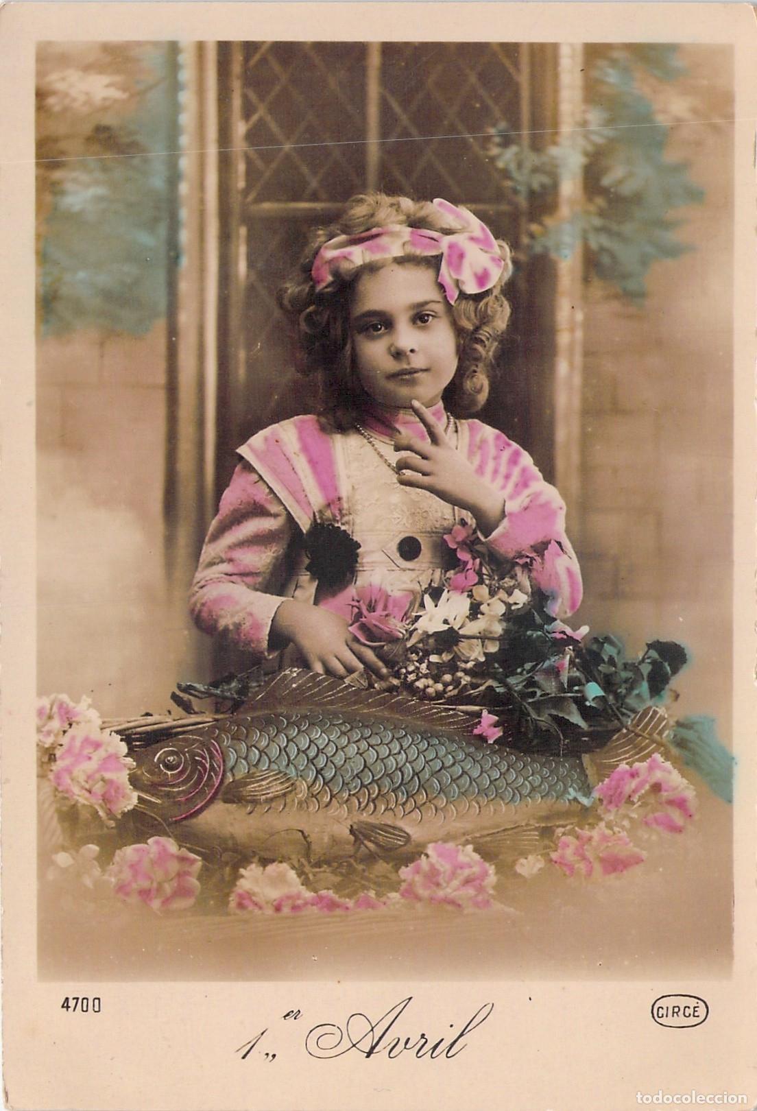 Postales: Postal Francesa de 1 de Abril Poisson d'Avril Ni&ntilde;a con Pez