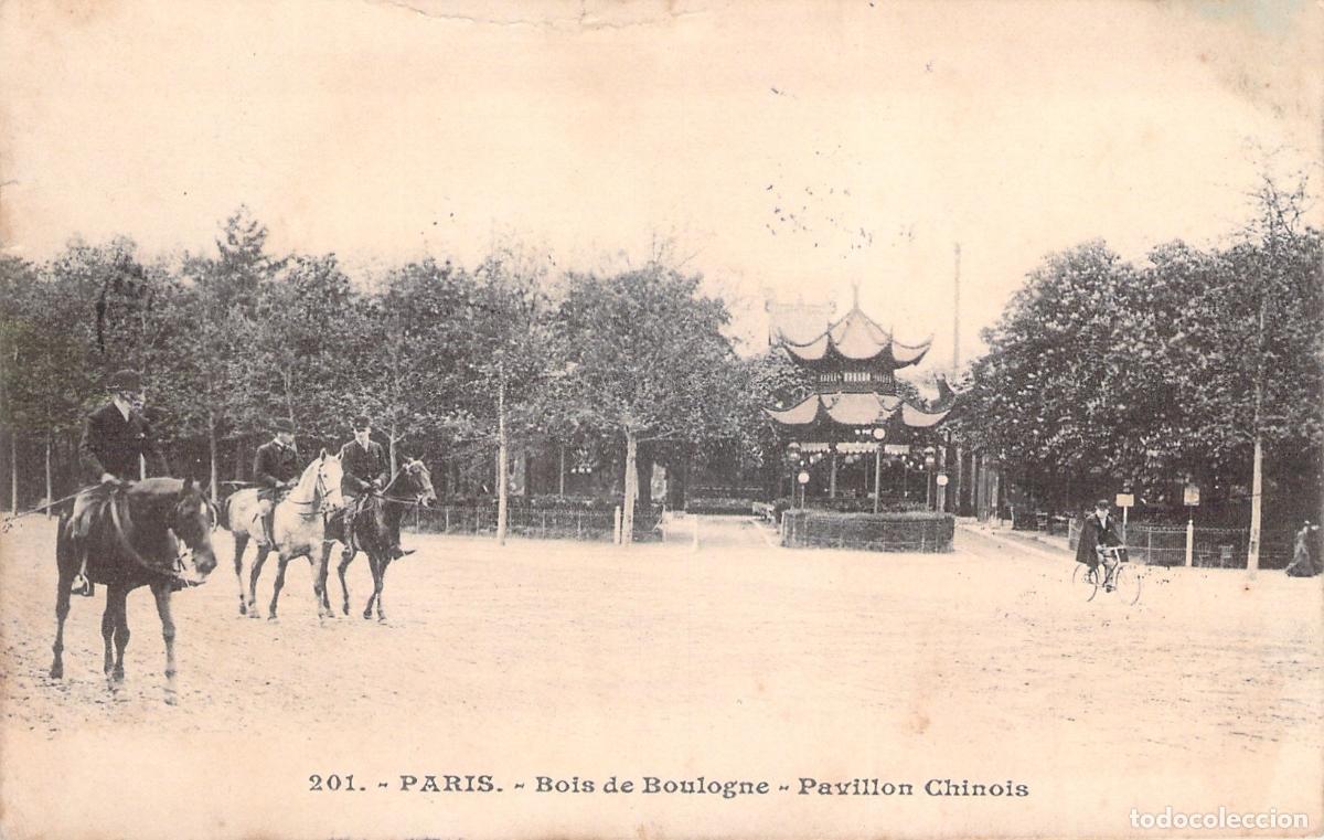 Postcards: Tarjeta Postal de Par&iacute;s Bois de Boulogne Pavillon Chinois con Jinetes
