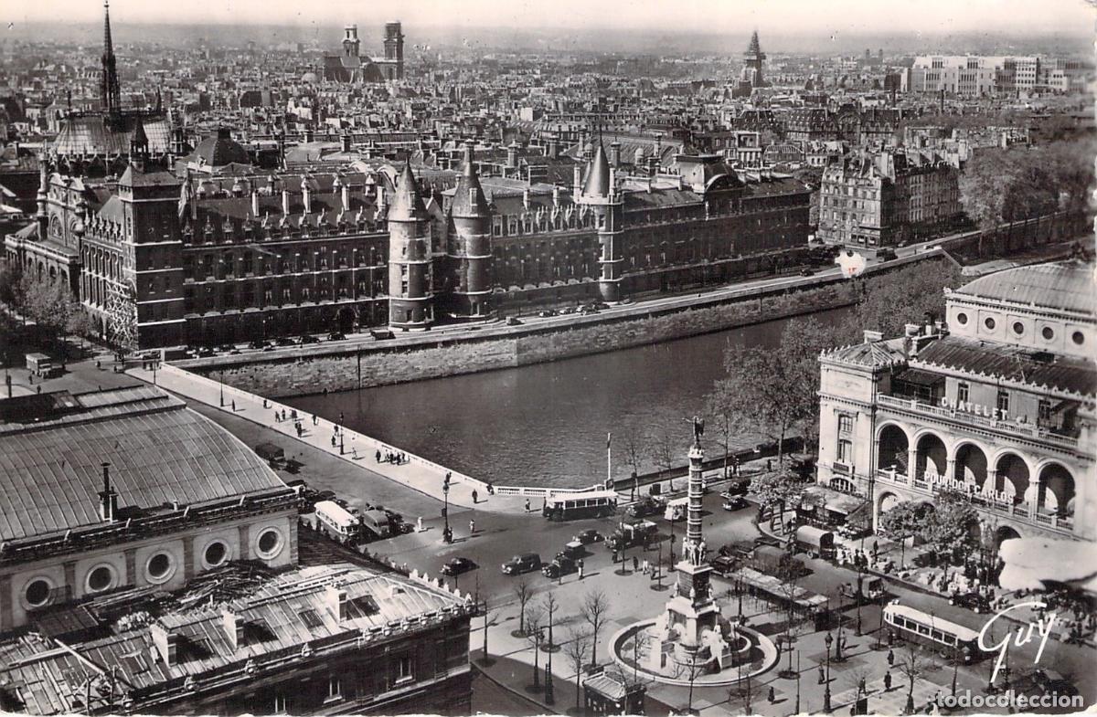 Postales: Postal de la Place du Ch&acirc;telet y el R&iacute;o Sena en Par&iacute;s, Francia