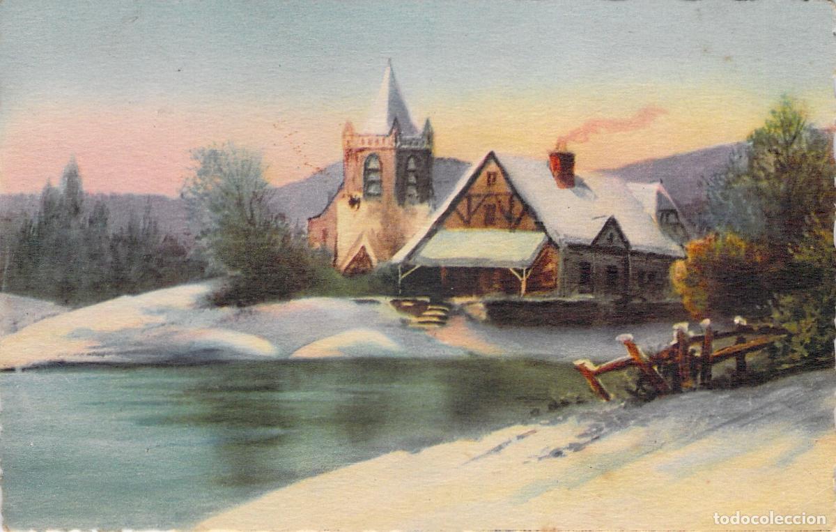 Postales: Postal de Paisaje Invernal con Iglesia y Nieve, Ilustraci&oacute;n Francesa