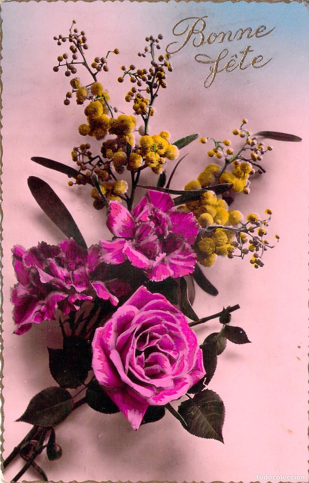 Postales: Postal de Felicitaci&oacute;n Bonne F&ecirc;te con Flores de Rosas y Mimosas