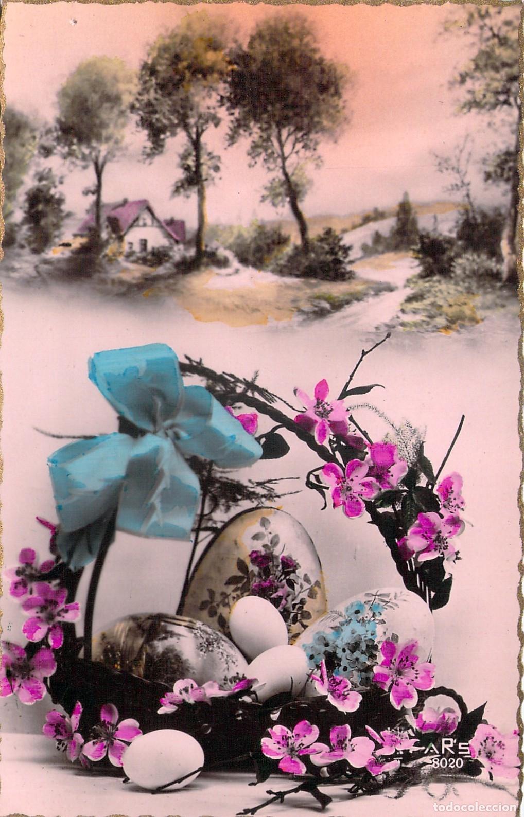 Postales: Postal Francesa de Pascua con Huevos, Flores y Paisaje Pintoresco