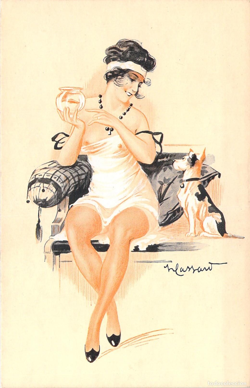 Postales: Postal Art D&eacute;co Ilustraci&oacute;n de Mujer y Perro por Maurice Lassau