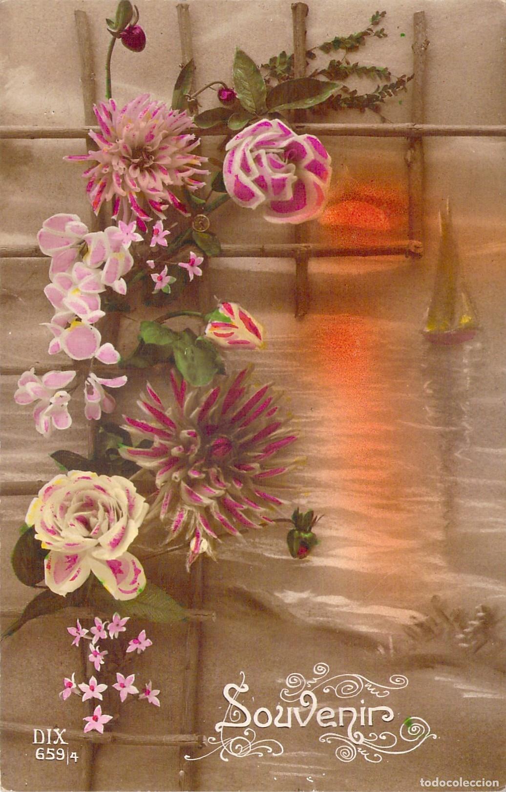 Postkarten: Postal Art&iacute;stica de Souvenir con Flores y Atardecer en el Mar