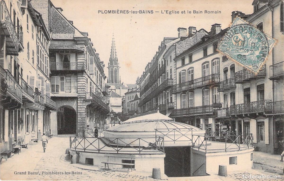 Postcards: Tarjeta Postal de Plombi&egrave;res-les-Bains - El Ba&ntilde;o Romano y la Iglesia