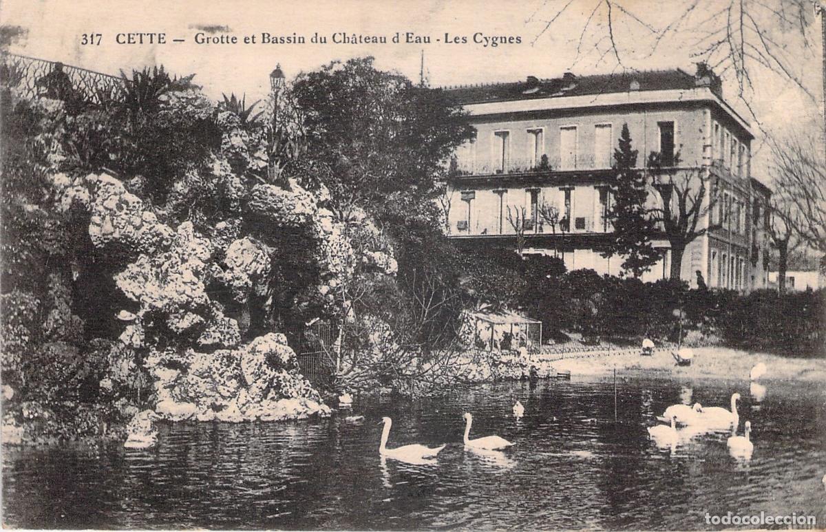 Postkarten: Postal de S&egrave;te Francia - Gruta y Estanque del Ch&acirc;teau d'Eau con Cisnes