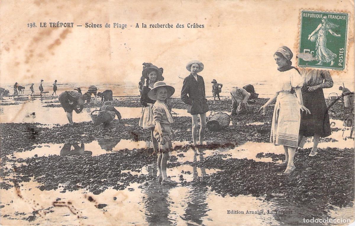 Postales: Postal de Le Tr&eacute;port: Escenas de Playa y B&uacute;squeda de Cangrejos