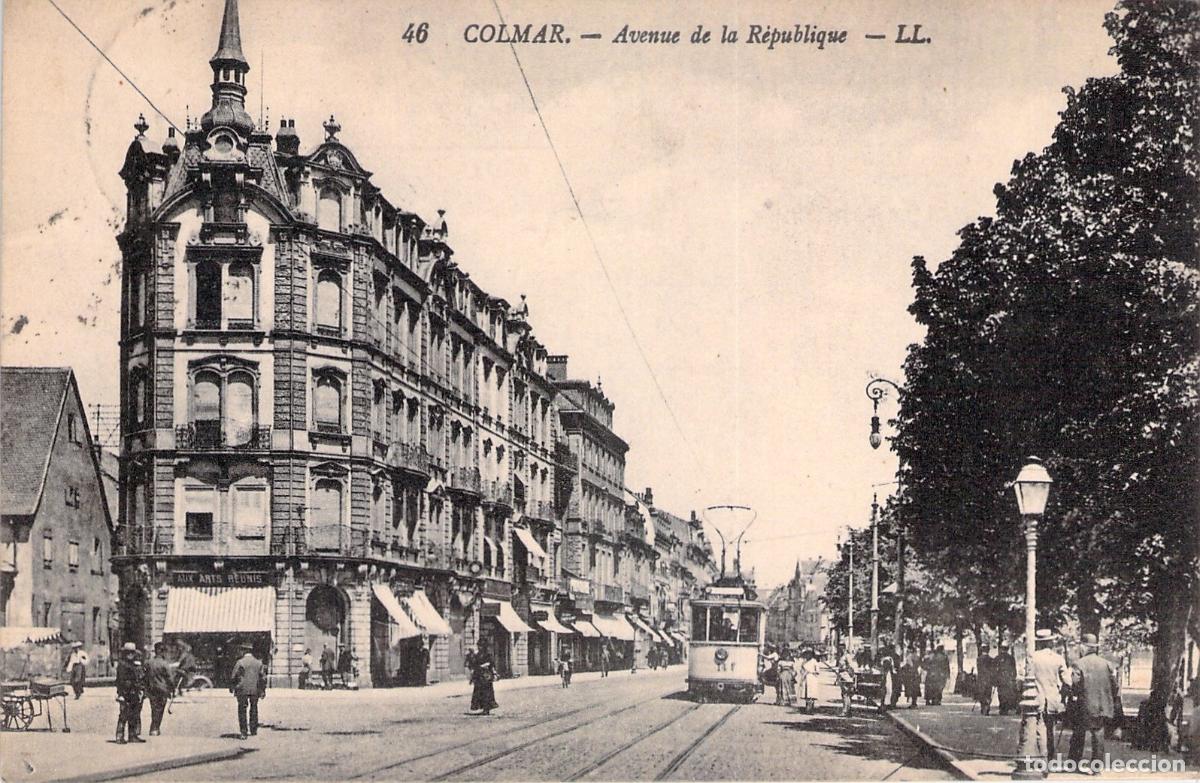 Cartoline: Postal Antigua de Colmar Avenue de la R&eacute;publique con Tranv&iacute;a