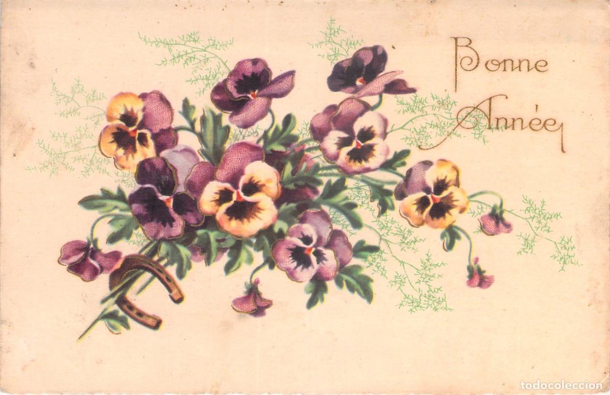 Postales: Tarjeta Postal de A&ntilde;o Nuevo con Flores de Pensamiento y Herradura