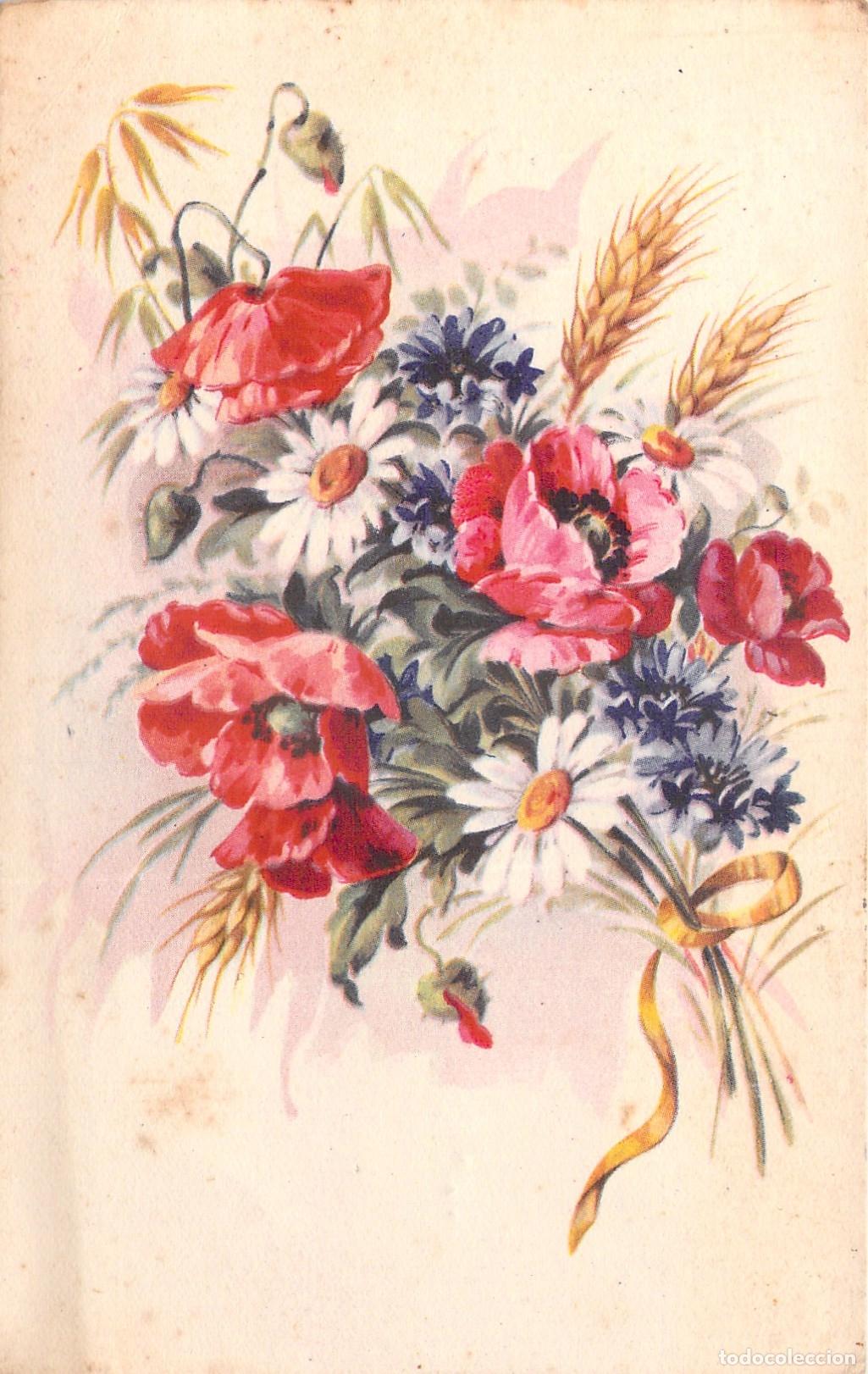 Postales: Postal Ilustrada con Ramo de Amapolas, Margaritas y Acianos
