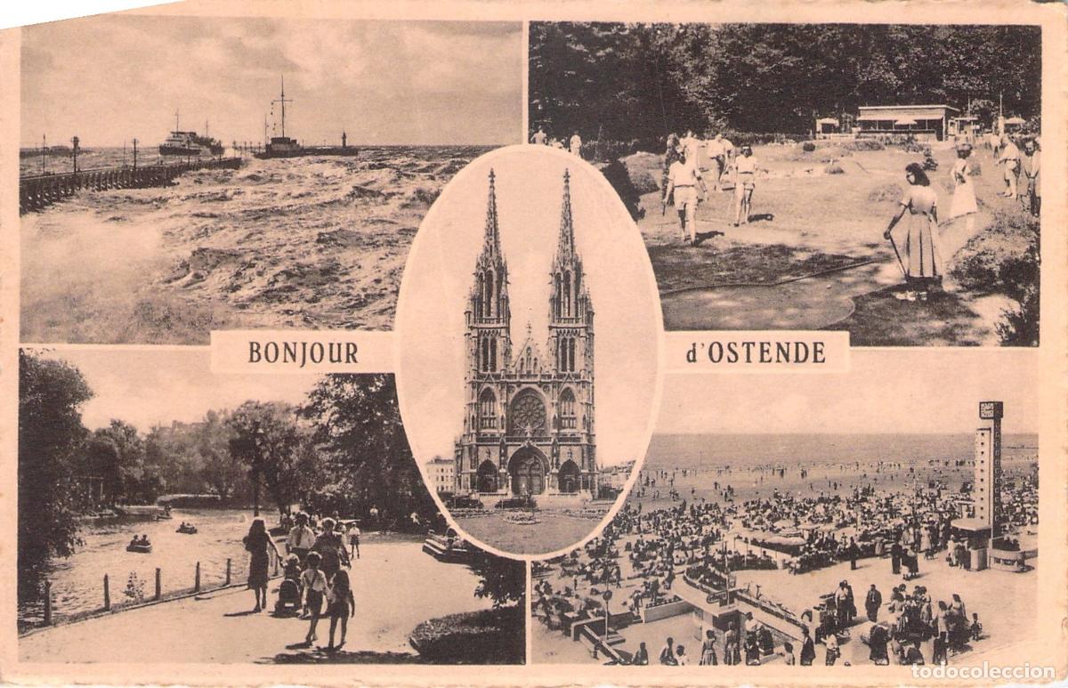 Postales: Postal Multivista de Ostende con Playa e Iglesia
