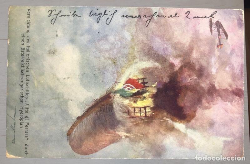 Postales: Postal I Guerra Mundial 1915. Destrucci&oacute;n dirigible Citt&agrave; di Ferrara con censura militar