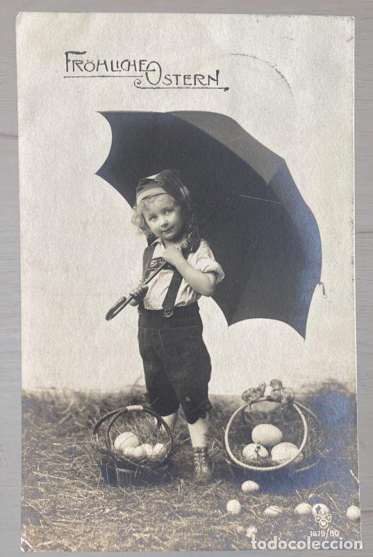 Postales: Postal antigua Austria a China 1911. Pascua ni&ntilde;o con paraguas circulada via Siberia a Tsinanfu