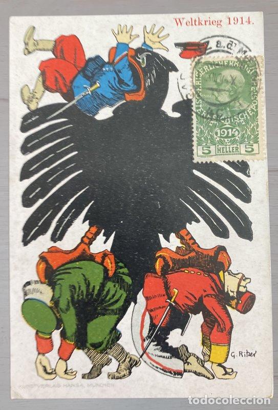 Postales: Postal caricatura sat&iacute;rica I Guerra Mundial 1914. &Aacute;guila imperial y enemigos sin circular