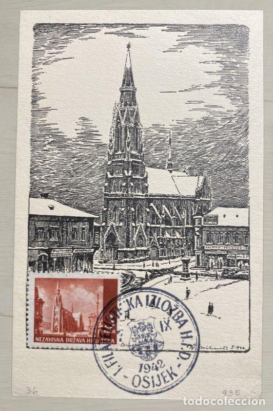 Postales: CPA Croacia NDH 1942 Osijek Catedral Tarjeta Maxima I Izlozba HFD Gojkovic