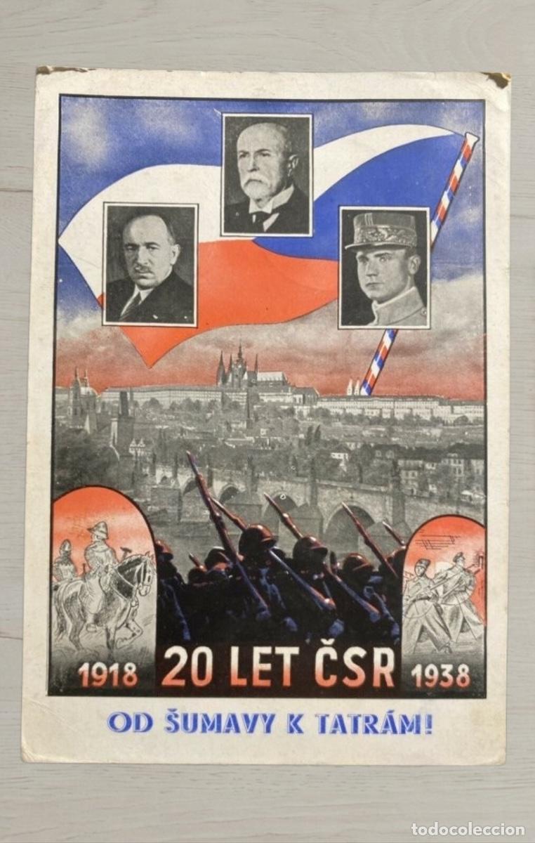 Postales: CPA Checoslovaquia 1938 Praga a Liberec Matasellos Rodillo Vi&ntilde;eta Legion en Francia 1918-1938