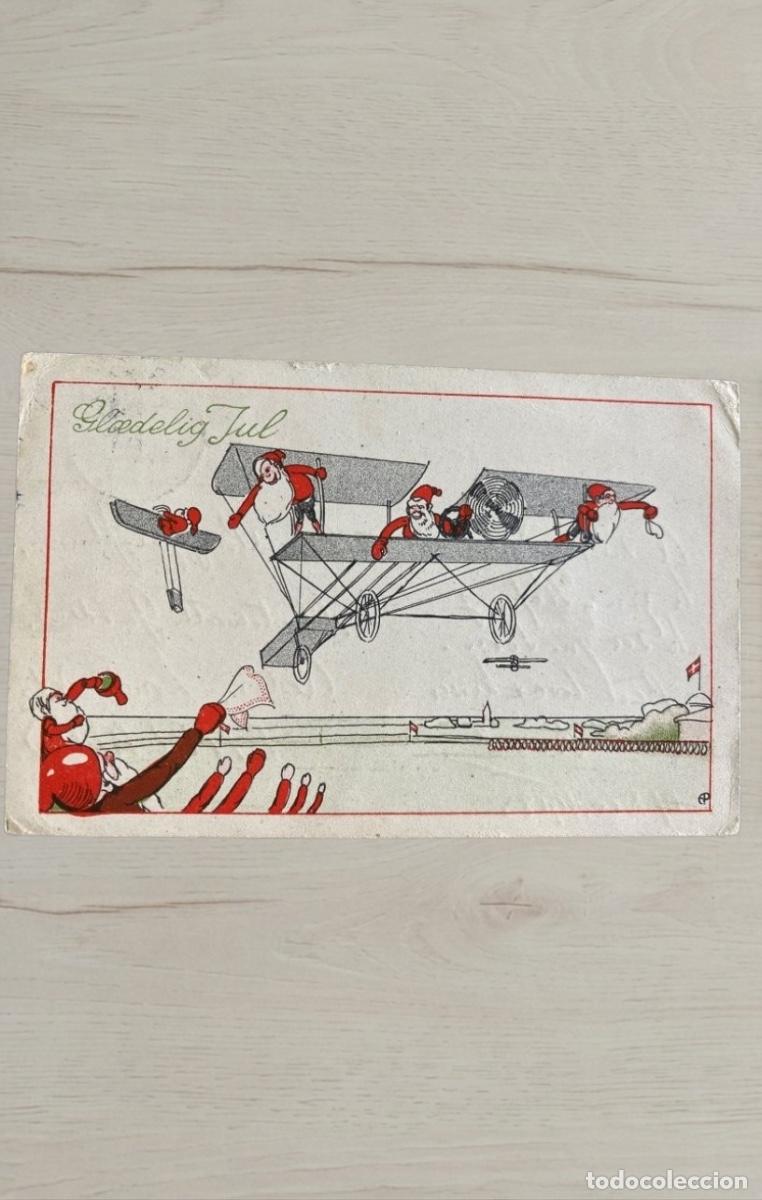 Postales: CPA Dinamarca 1918 Navidad a Inglaterra Brevkort Sello Danmark 5 Ore Paul Heckscher Avion