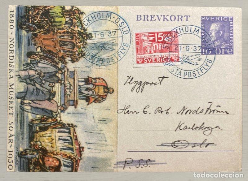 Postales: CPA Suecia 1937 - Primer Vuelo Postal Stockholm-Oslo - Matasellos Especiales Flygpost - Dos Caras