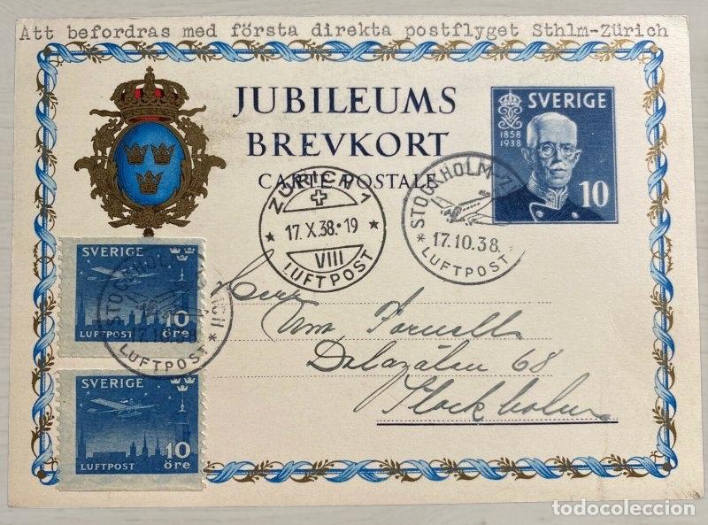 Postales: CPA Suecia 1938 - Jubileumsbrevkort - Primer Vuelo Sthlm-Z&uuml;rich - Matasellos Especiales Luftpost - D
