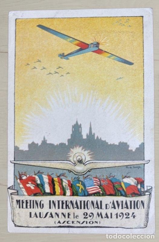 Postales: CPA Suiza 1924 - Meeting International d'Aviation Lausanne - Cartel Ilustraci&oacute;n Avi&oacute;n y Banderas - D