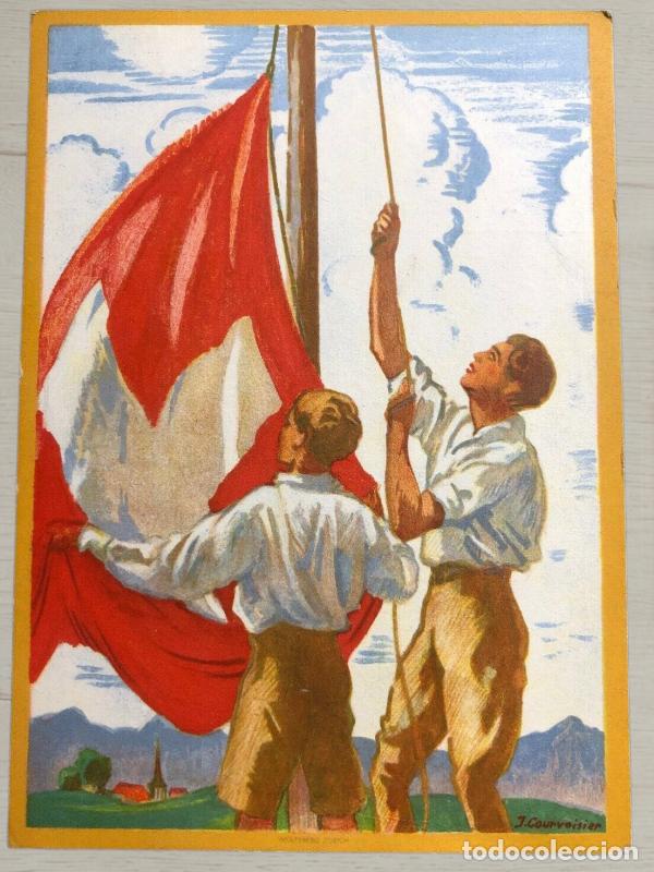 Postales: CPA Suiza - Ilustraci&oacute;n Aleg&oacute;rica Bundesfeier - Izado de Bandera Helv&eacute;tica por J. Courvoisier - Dos
