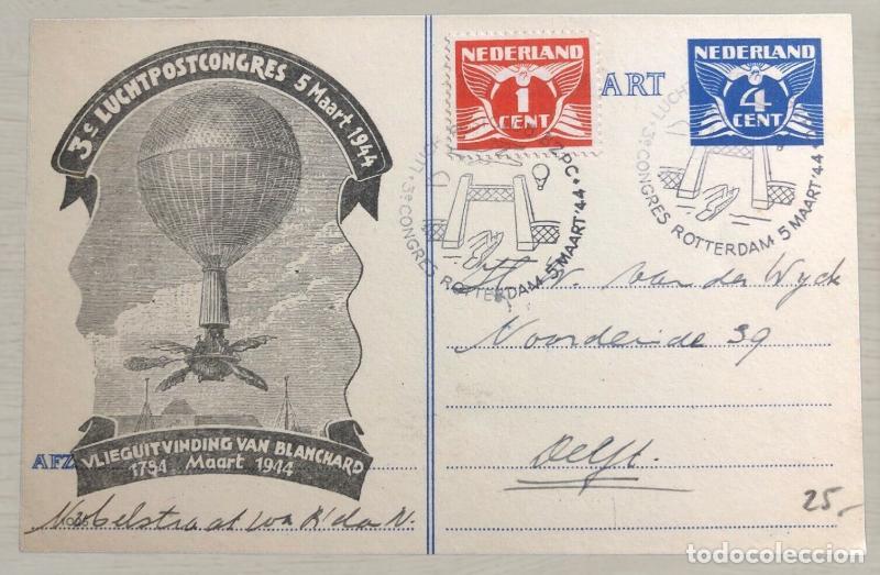 Postales: CPA 1944 III Congreso Correo A&eacute;reo Rotterdam - Globo Blanchard - Matasellos Especial