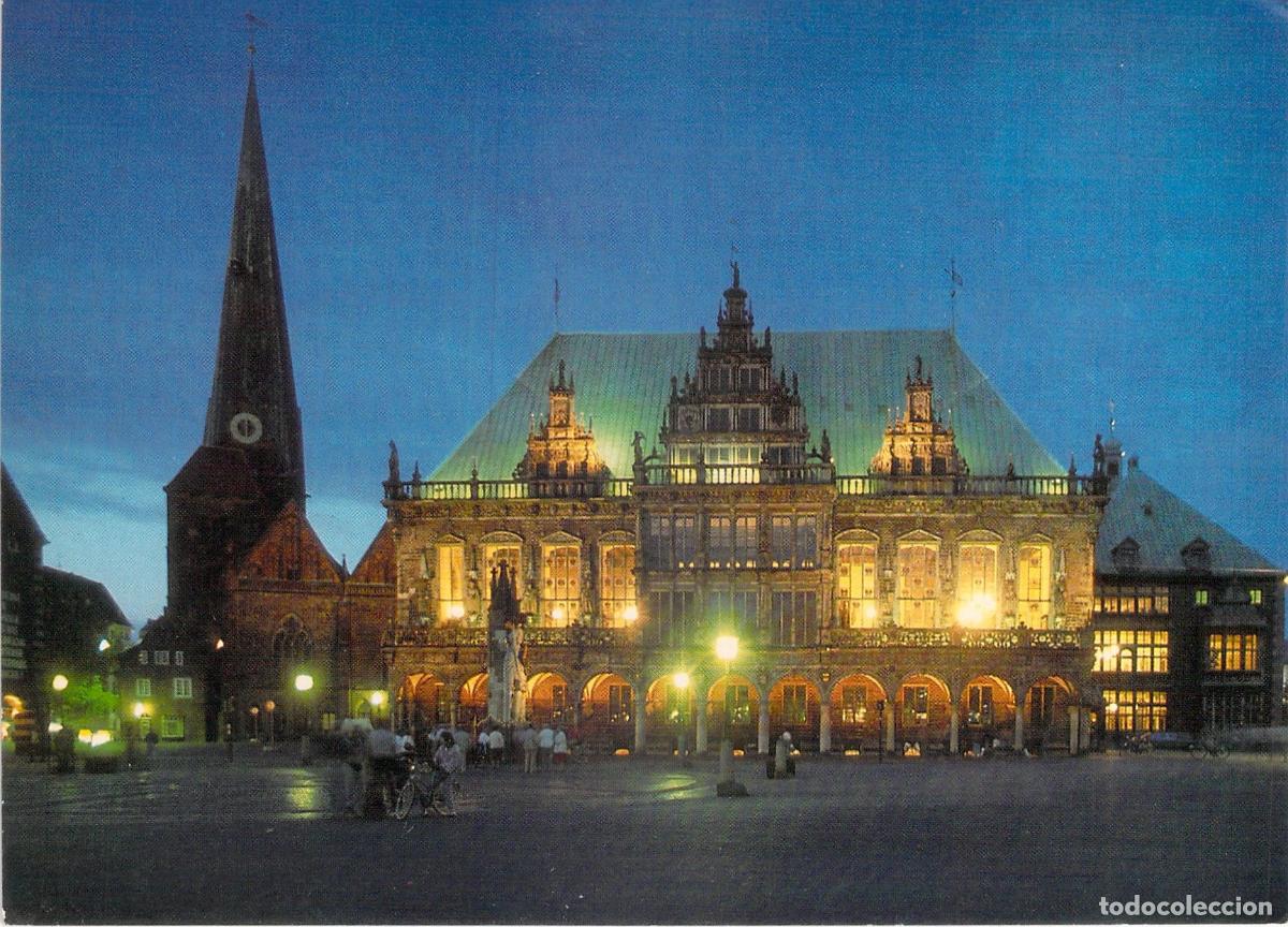 Postales: Postal del Ayuntamiento de Bremen por la Noche, Alemania
