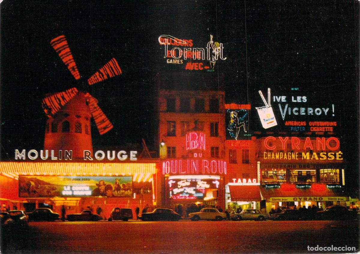 Postales: Postal de Par&iacute;s Moulin Rouge de Noche con Luces de Ne&oacute;n