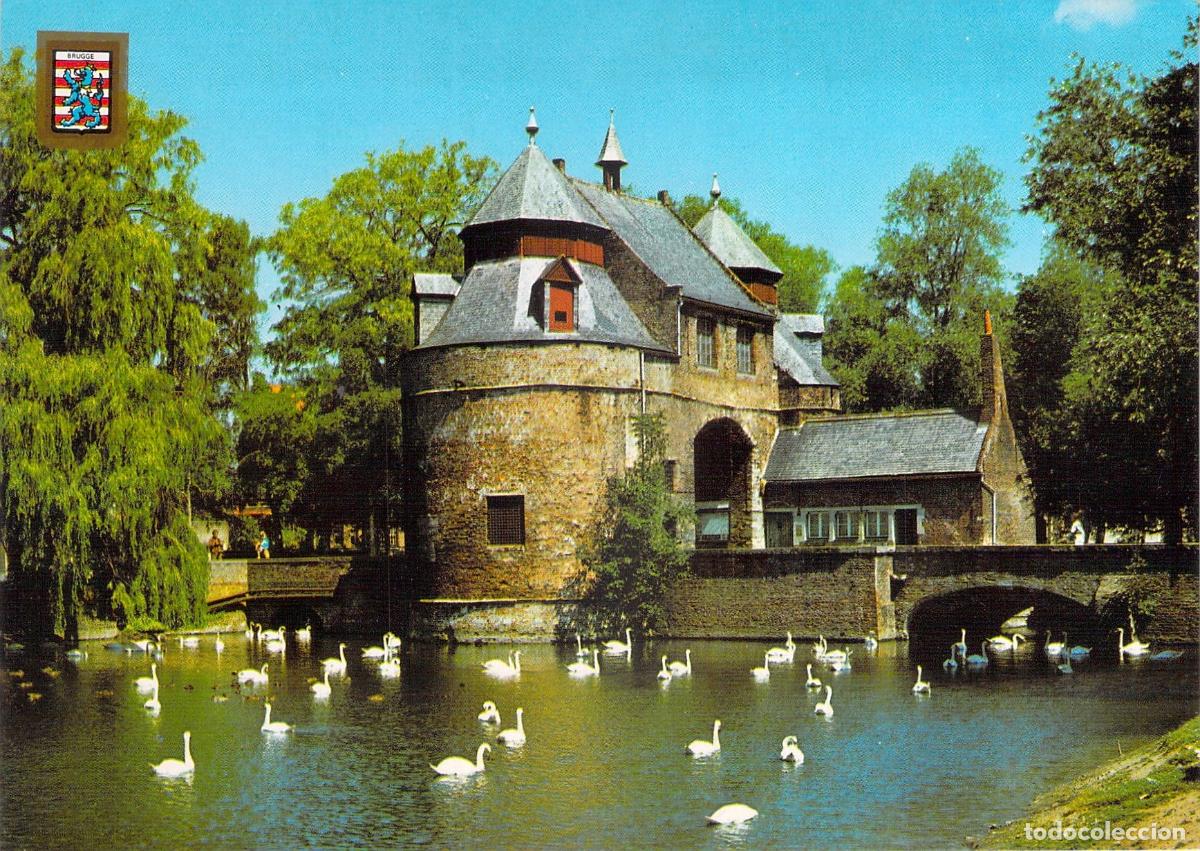 Postales: Postal de Brujas B&eacute;lgica Ezelpoort Puerta Medieval con Cisnes