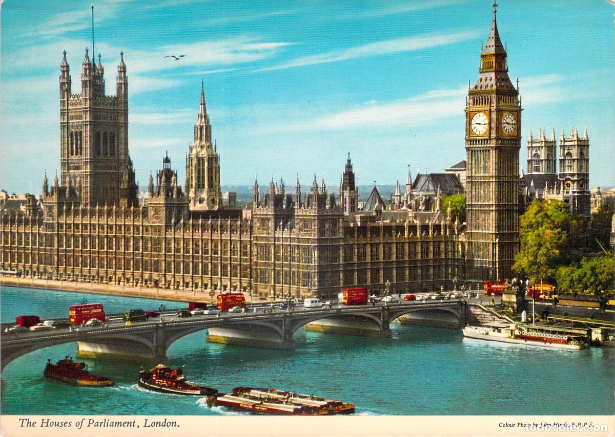 Postales: Postal de Londres Casas del Parlamento y Big Ben R&iacute;o T&aacute;mesis