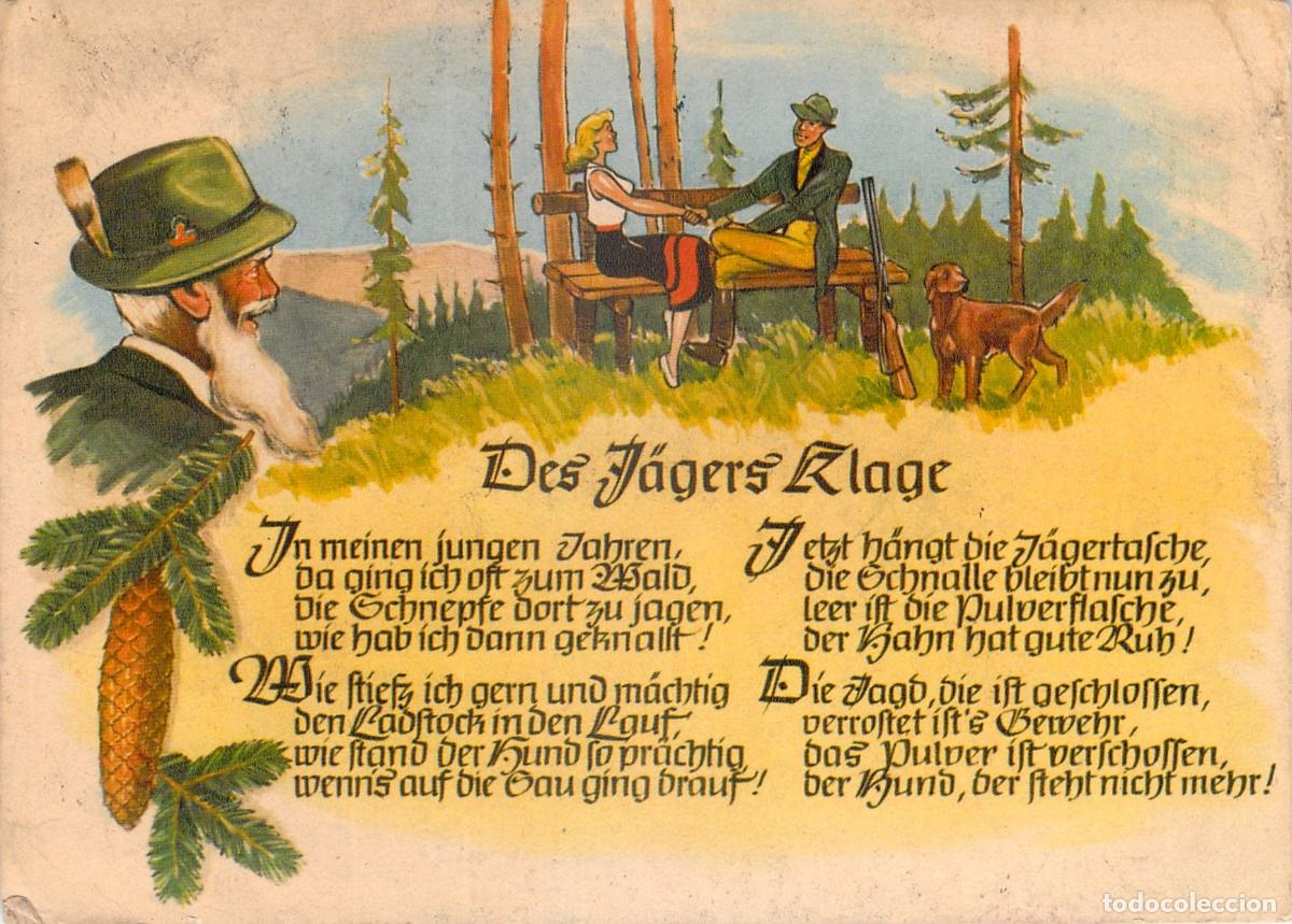 Postales: Postal ilustrada con poema de cazador y escena de bosque
