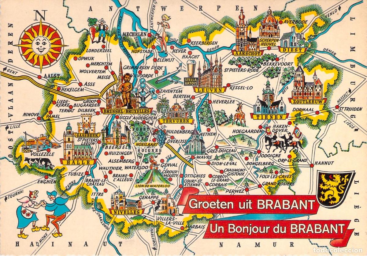 Postales: Postal de mapa ilustrado de la provincia de Brabante, B&eacute;lgica