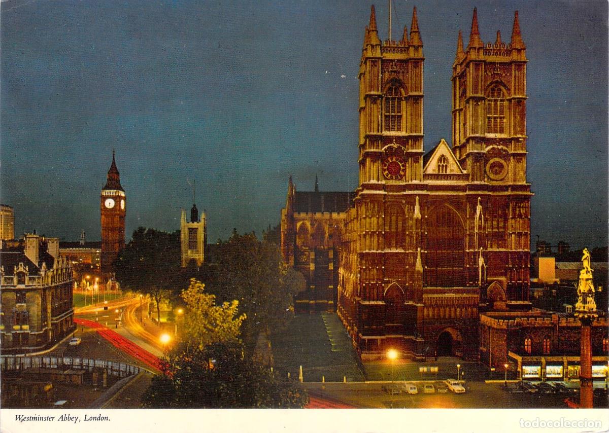 Postales: Postal de la Abad&iacute;a de Westminster de noche en Londres