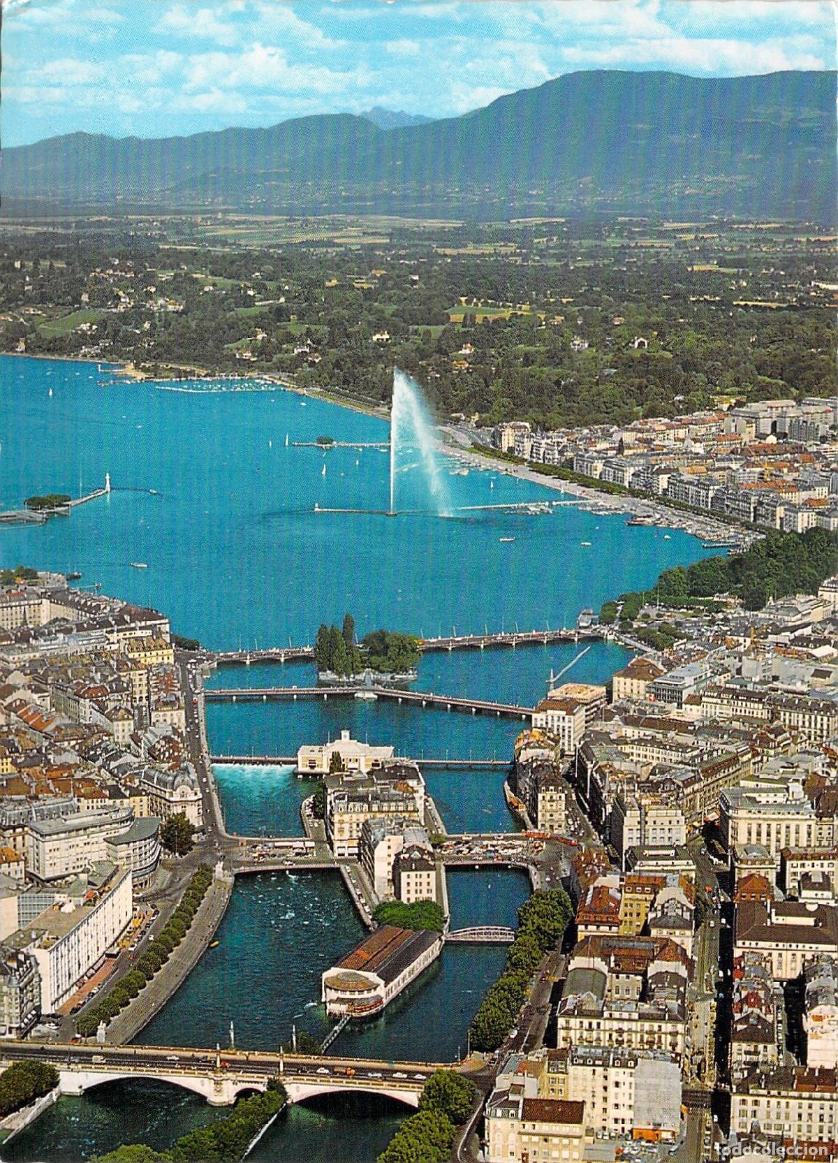 Postales: Postal de Ginebra Vista A&eacute;rea y Jet d'Eau